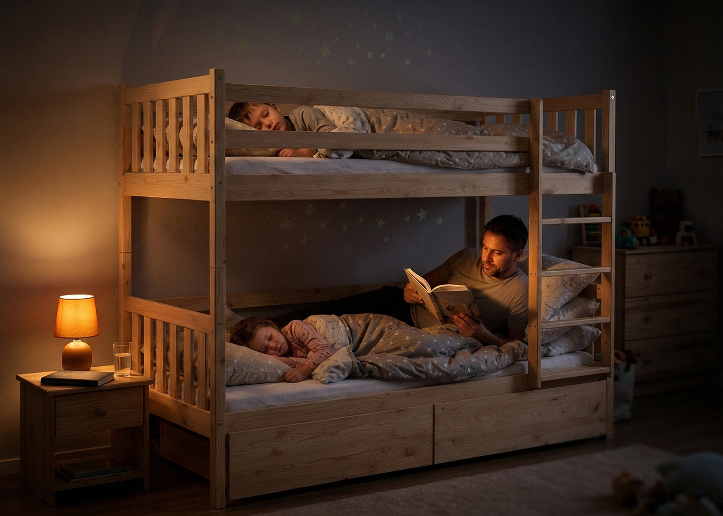 Rodzic czytający dziecku w solidnym łóżku piętrowym