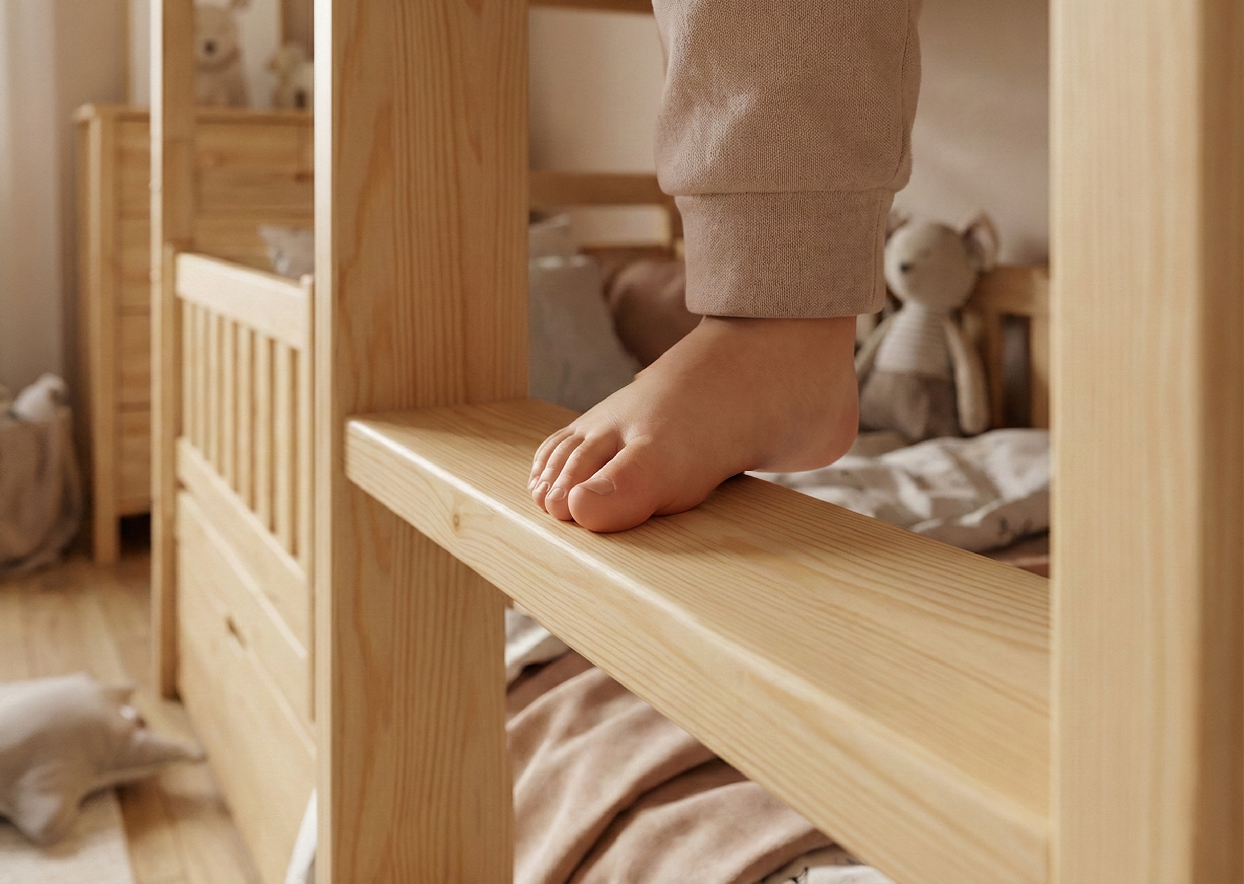 Szerokie szczeble drabinki w łóżku piętrowym