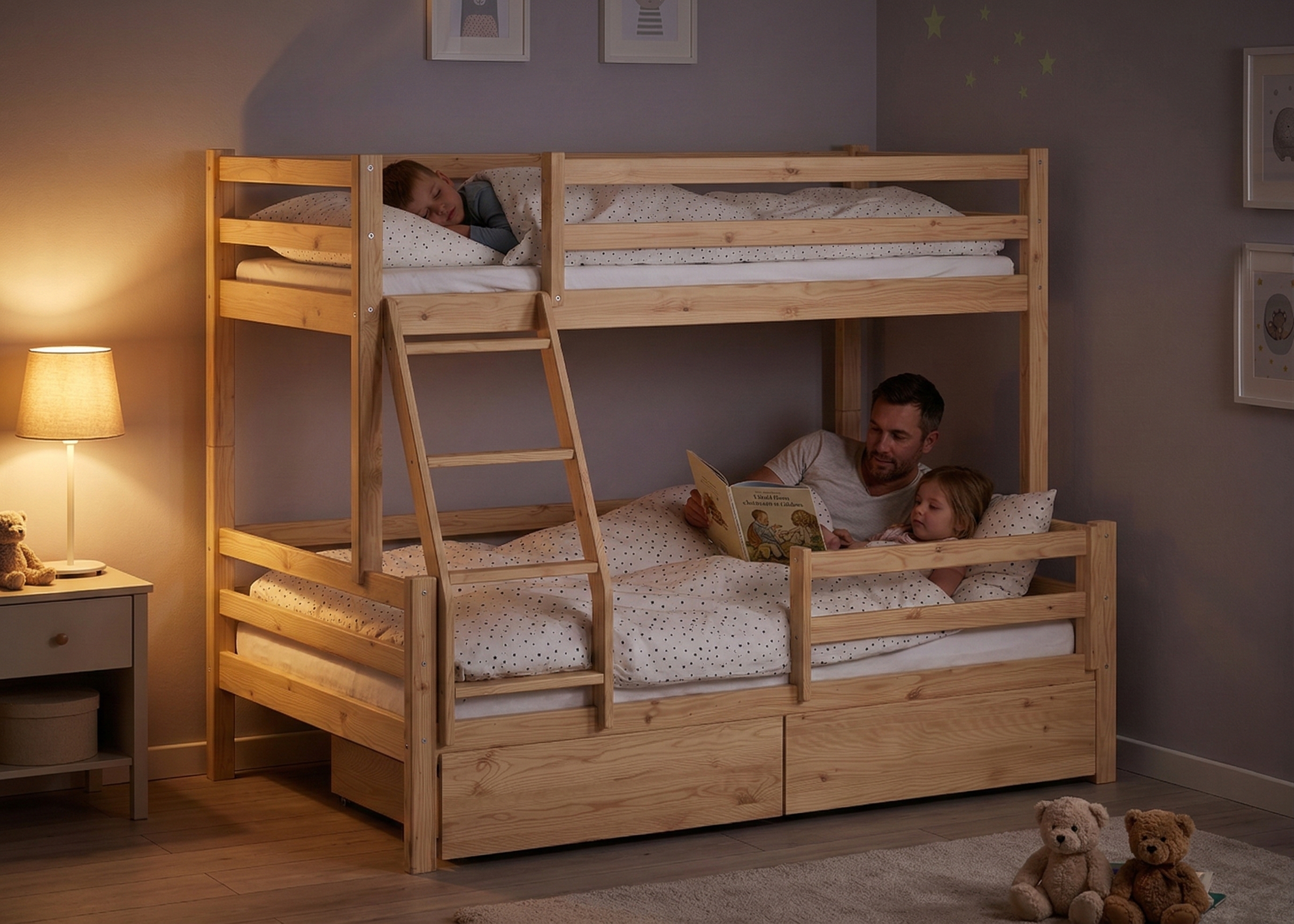 Rodzic czytający dziecku w solidnym łóżku piętrowym