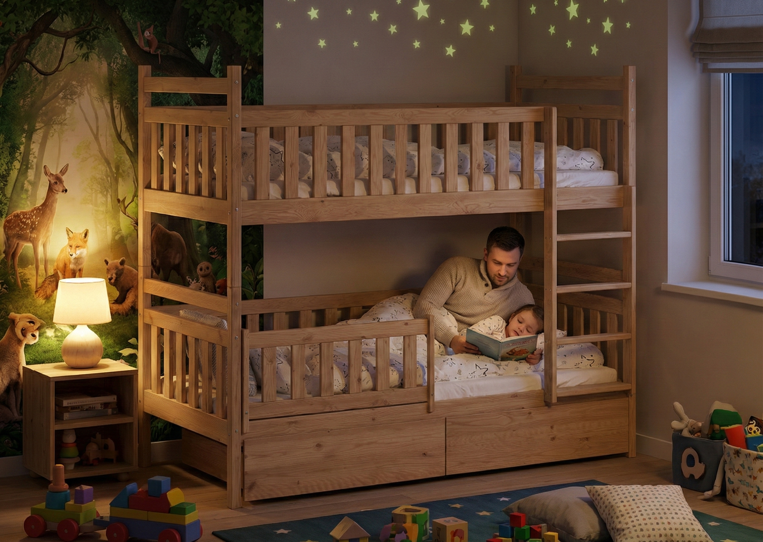 Rodzic czytający dziecku w solidnym łóżku piętrowym
